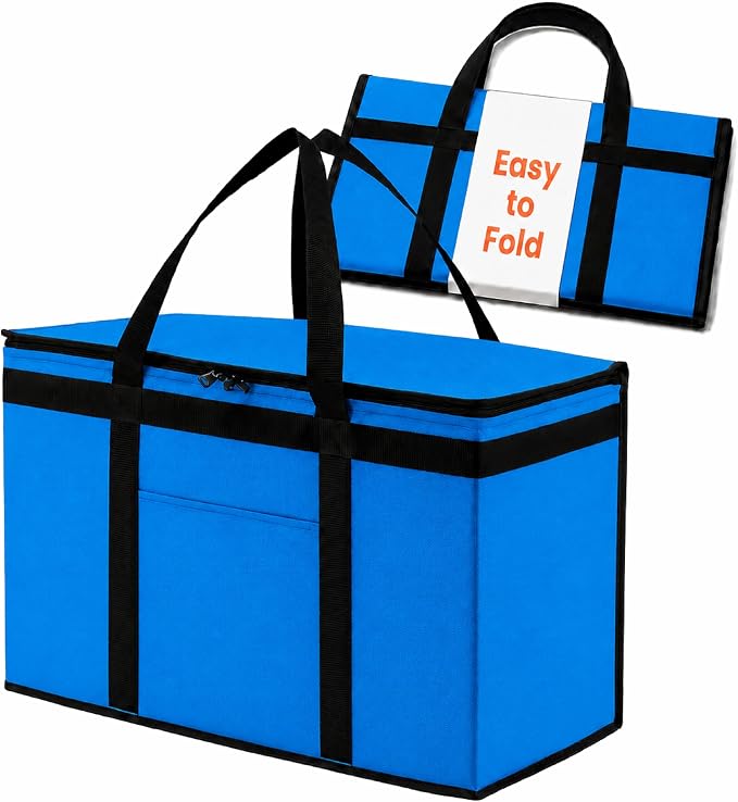 Insulated Food Bag, Portable Cooler Tote (2XL, Blue, 1 Pack) | Large thermal bag, For cold & hot food, Soft sided cooler, Heavy duty carrier, Grocery shopping, Food delivery, Catering bag