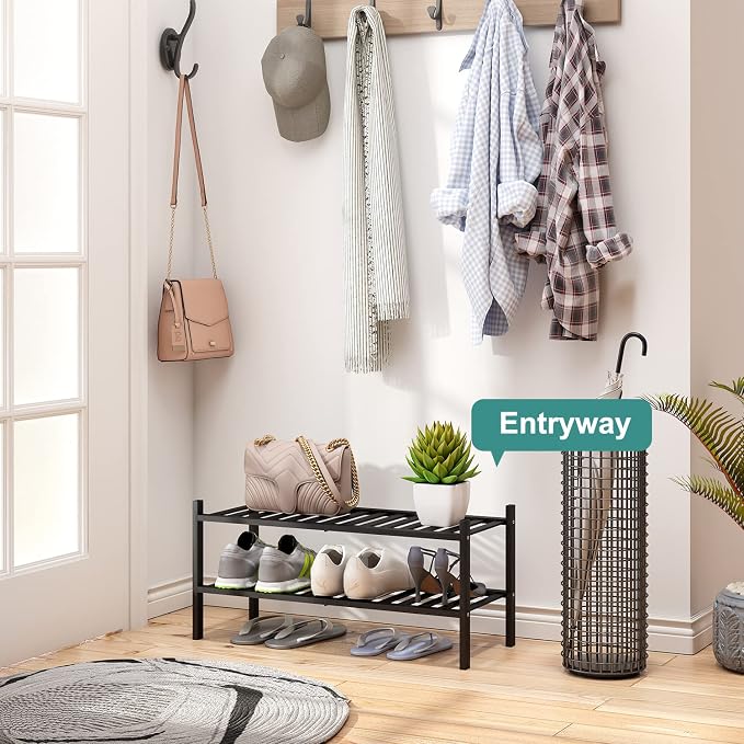viewcare 2-Tier Black Bamboo Shoe Rack for Entryway, Stackable | Foldable | Natural, Shoe Shelf Storage Organizer for Hallway Closet, Free Standing Shoe Racks for Indoor Outdoor