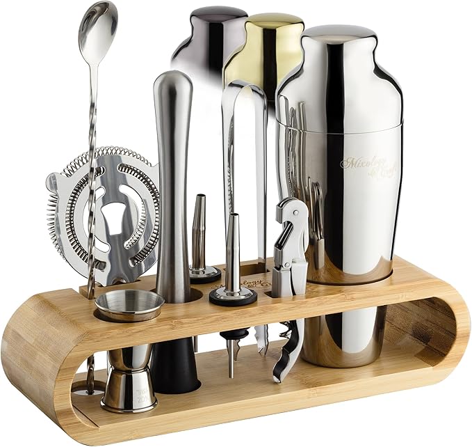 Mixology & Craft Cocktail Shaker Set with Bamboo Stand - Professional10-Piece Bartender Kit, Complete Bar Set for Home Use with Jigger, Muddler, Strainer, Spoon, Pourers & Corkscrew (Silver)