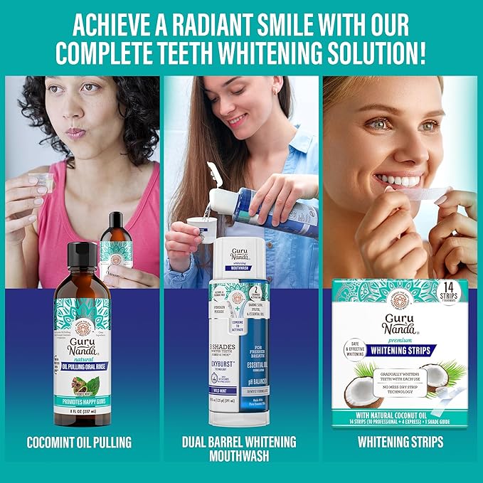 GuruNanda Total Smile Makeover Kit Regular with Cocomint Oil Pulling, Dual Barrel Whitening Mouthwash, Whitening Strips & Butter on Gums Toothbrushes
