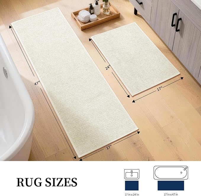 YIHOUSE Beige Bathroom Rugs Sets 2 Piece, Quick Dry Thin Bath Mat, Non Slip Absorbent Machine Washable, Bath Runner Rug for Bathtub Sink Home Decor (17"x24" + 17"x47")