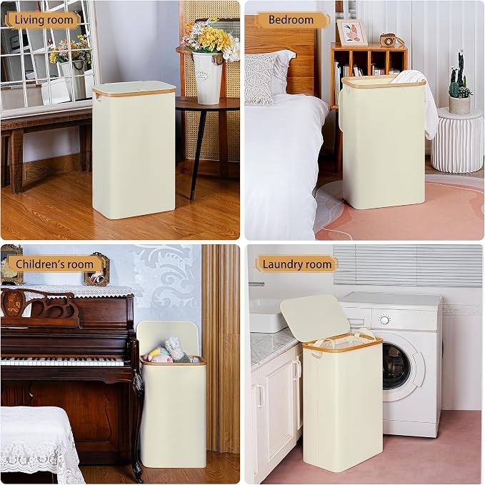 iEGrow Slim Laundry Hamper,75L Beige Narrow Laundry Basket with Lid,Foldable Clothes Hamper with Bamboo Handles,Hamper Basket with Removable Inner Bag for Laundry Room Bedroom College Dorm