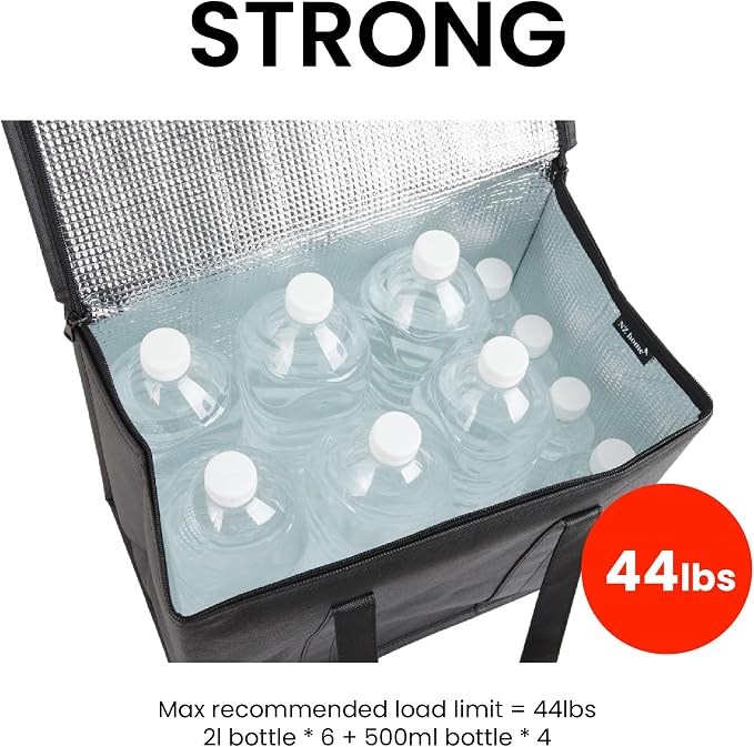 Insulated Food Bag, Portable Cooler Tote (Medium, Black, 2 Pack) | Thermal bag, For cold and hot food, Soft sided cooler, Heavy duty 4-layered tote, Grocery shopping, Beach or travel bag