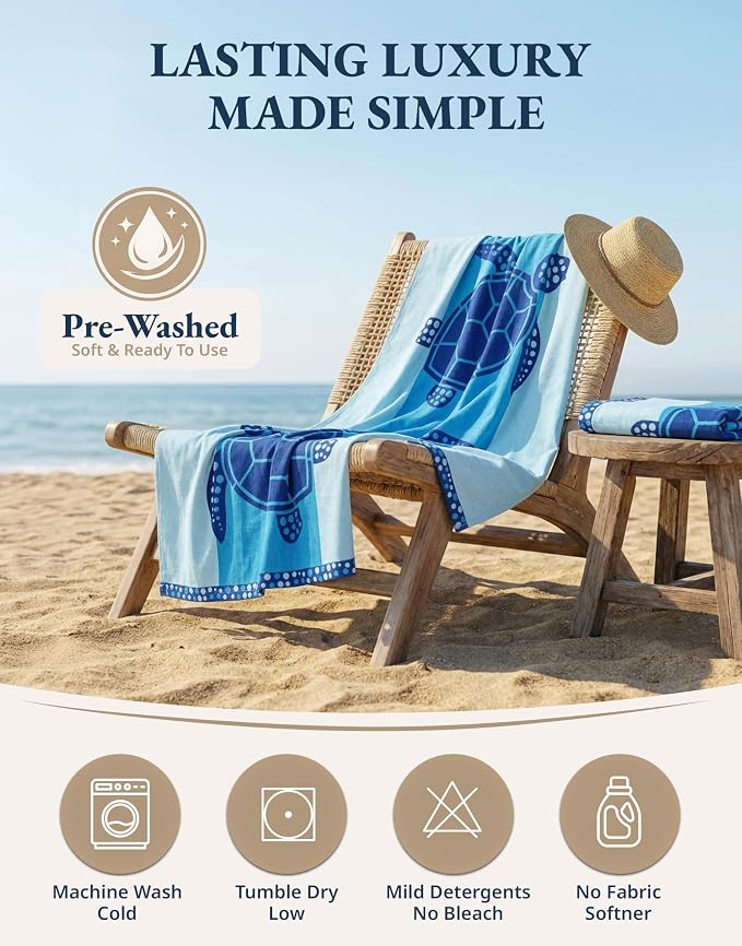 LANE LINEN Beach Towel 2 Pack, Super Absorbent, Pre-Washed - Turtle & Coral | Oversized Beach Towel 39"x71" - Lightweight Beach Essentials for Women - Large Pool Towel, Absorbent & Quick Dry, Pre-Washed