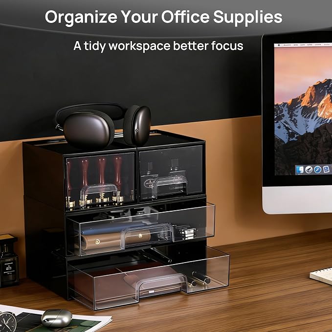 Vtopmart 2 Pack Clear Stackable Storage Drawers, 12.1''W Plastic Organizers Bins for Office Supplies, Ideal for Desk Organization, Black
