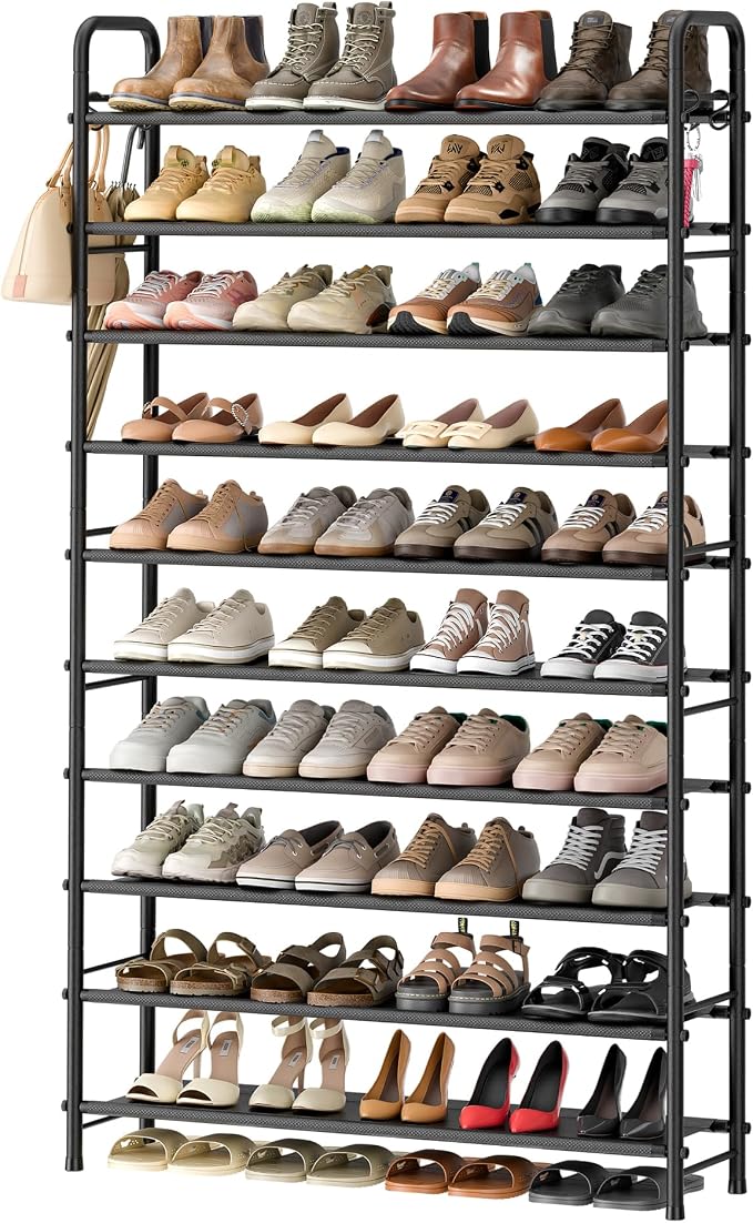 ENJOYBASICS 10 Tier Shoe Rack Garage Storage, Tall Metal Shoes Shelf, Black | Free Standing Shoe Holder for 44 Pairs, Sturdy Heavy Duty Shoe Organizer for Walk-in Closet, Guest Room, Garage, Entryway