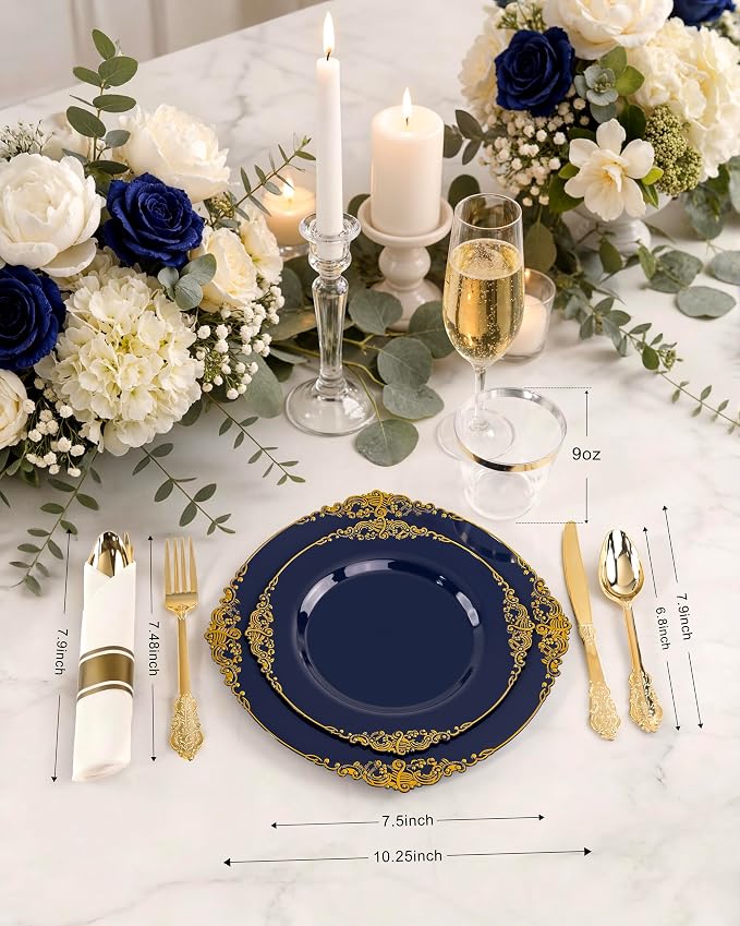 Nervure 350Pcs Blue Plastic Plates - Blue Gold Plastic Dinnerware Sets for 50 Guests - 100 Navy Gold Disposable Plates, 50 Pre Rolled Silverware, 50 Cups Perfect for Wedding & Party & Memorial Day