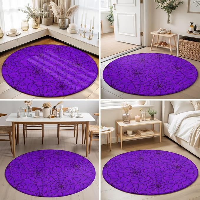 Round Area Rug 4', Purple Halloween Washable Area Rugs for Kitchen Bathroom Bedroom Office Dining Room, Black Spiders Net Classic Gingham Non Slip Door Mat Indoor Entrance Floor Throw Circle Carpet