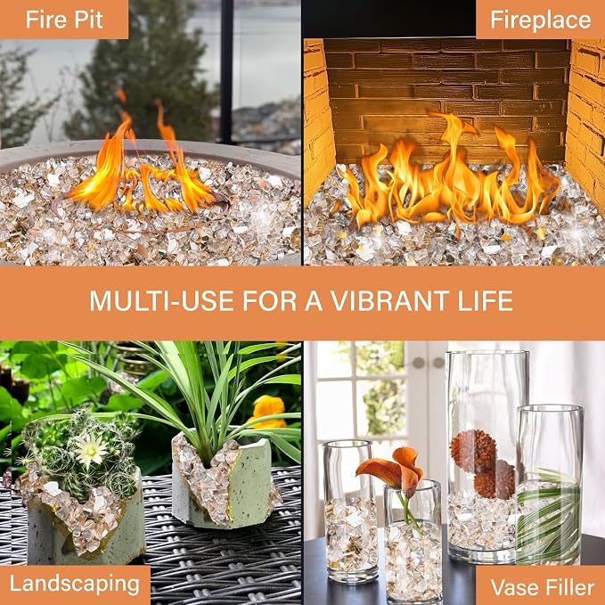 NUPICK 5 Pound Fire Glass, 1/2 Inch Reflective Fire Pit Glass | Tempered Fire Pit Rocks for Propane or Natural Gas, Glass Rocks for Fire Pit Table, Fireplace, Fire Bowl, Rose Gold