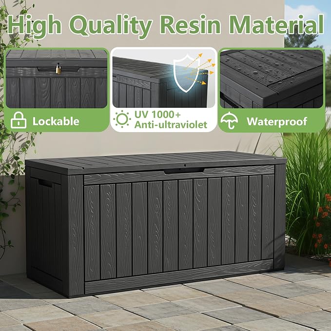 110 Gallon Waterproof Large Resin Deck Box, Lockable Large Outdoor Storage Box Indoor Outdoor Storage Container for Patio Cushions, Gardening Tools, Pool Supplies, Black