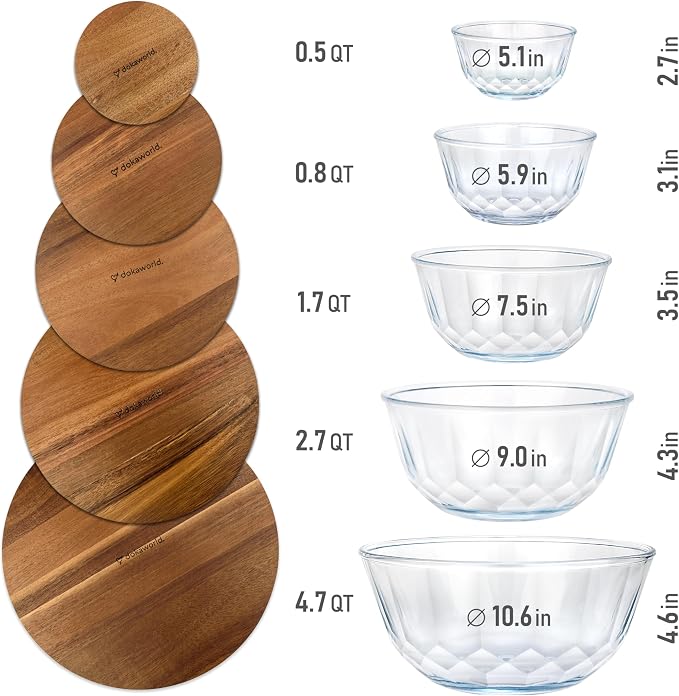 Large Stackable Set of 5 Nesting Glass Bowls with Acacia Lids for Foodprep, Storage, Baking, Sourdough Mixing & Cooking. Microwave & Oven Safe Heat Resistant Inert Borosilicate Glass