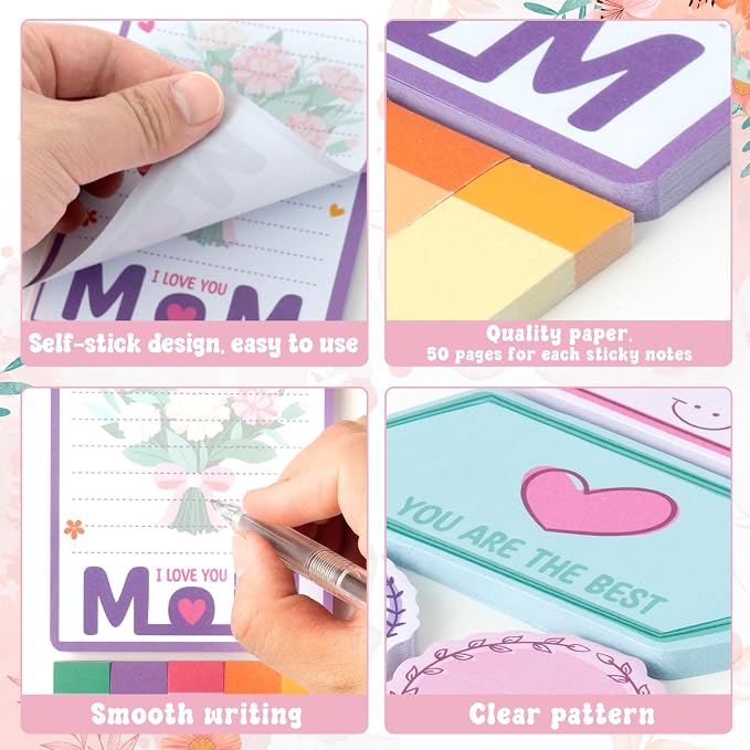 Xqumoi Mother's Day Sticky Notes Set - 550 Sheets Best Mom Ever Self-Stick Note Pads Floral Heart Divider Tabs Bundle Memo Pad, Mother's Day Birthday Gifts for Mom Wife Grandma