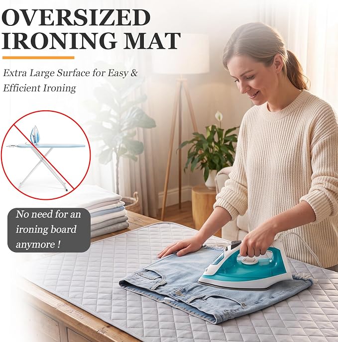 Tegeme 30 x 60 Inch Ironing Mat, Heat Resistant Foldable Iron Board Pad | For Tabletop & Countertop, Large Quilted Cotton Surface, Thick Heat Resistant Padding, Foldable Design, Home & Travel Use