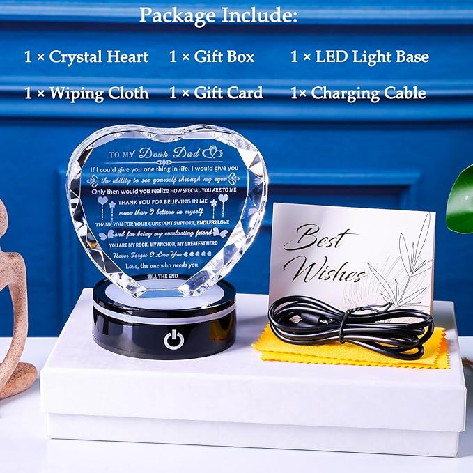 Arikyrist Dad Gifts with Colorful LED Base Meaningful Dad Birthday Gift from Daughter Son Crystal Heart to My Daddy Plaque Present for Father Who Wants Nothing on Fathers Day