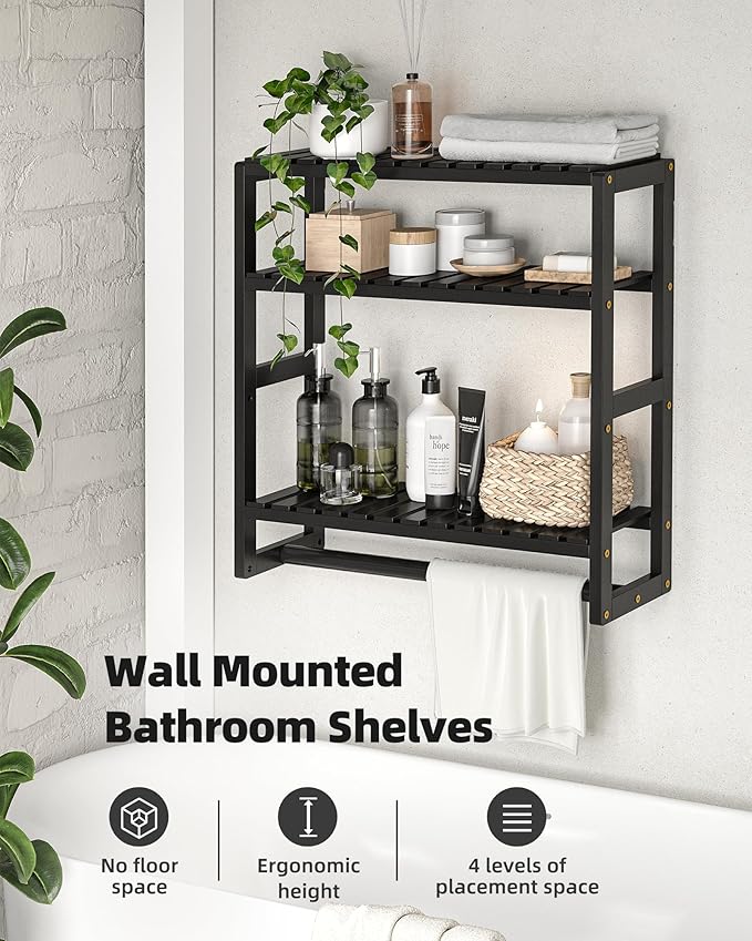 Galood Over The Toilet Storage Bathroom Shelves Wall Mounted 3 Tier Space Saver Corner Shelf Organizer Bamboo Towel Rack Toilet Paper Cabinet with Hanging Rod Black