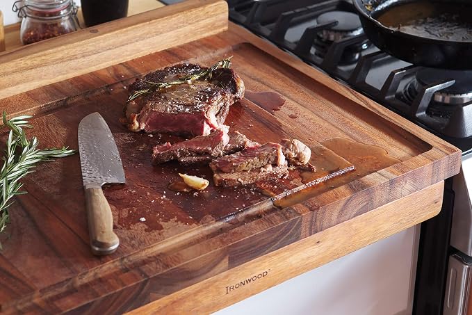 Ironwood Gourmet Double-Sided Countertop Lyon Pastry/Cutting Board With Gravy Groove, Acacia Wood 17.25 x 24 x 1.25 inches | Extra Large Wood Cutting Board With Juice Groove | Countertop Lip Keeps The Board In Place | Easily Knead Dough & Carve Meat