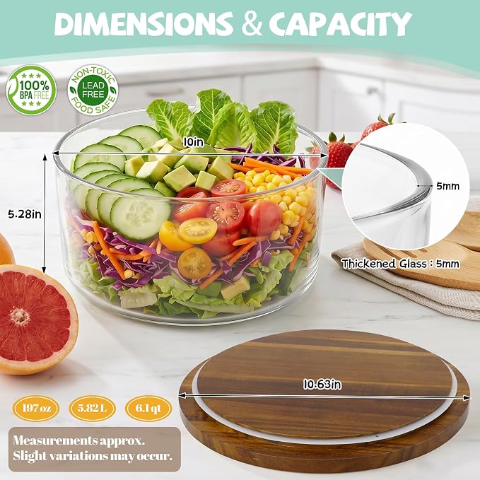 Jolitac 197oz Glass Trifle Bowl with Lid, Clear, 10 inch | Extra Large, Acacia Wood Airtight Lid, Thickened & BPA-Free, Modern Design, For Dessert Fruit Party Display