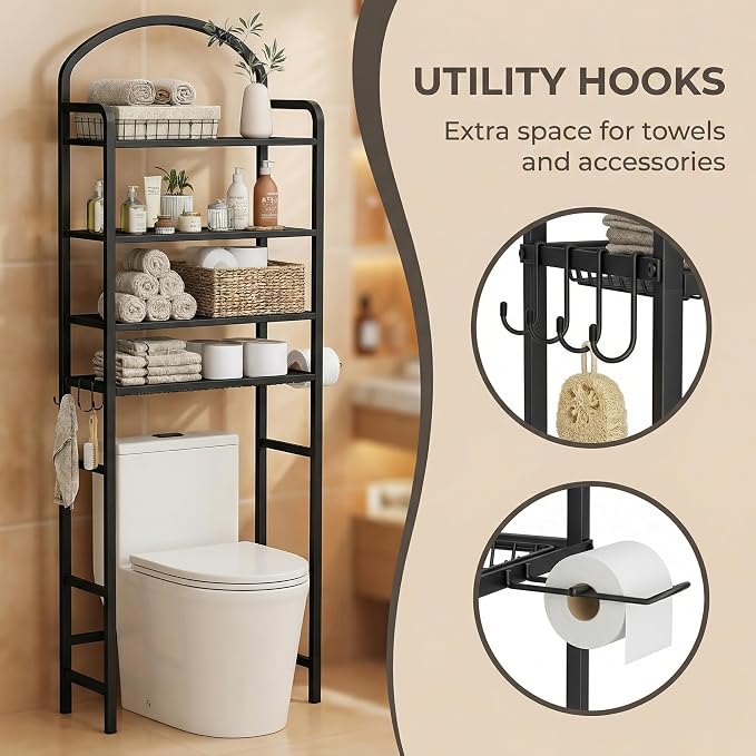 4-Tier Over The Toilet Storage, Bathroom Organizer, Space-Saving, 72" H Above Toilet Storage Rack with 4 Hooks and Paper Holder, Metal Shelf, Black