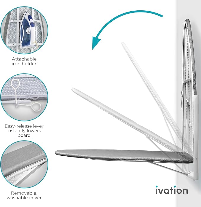 Ivation Wall-Mounted Ironing Board | Foldable 36.2” x 12.2” Sturdy Ironing Station for Home & Apartments, Easy-Release Lever, Removable Cotton Cover, Includes Mounting Hardware with Iron Holder