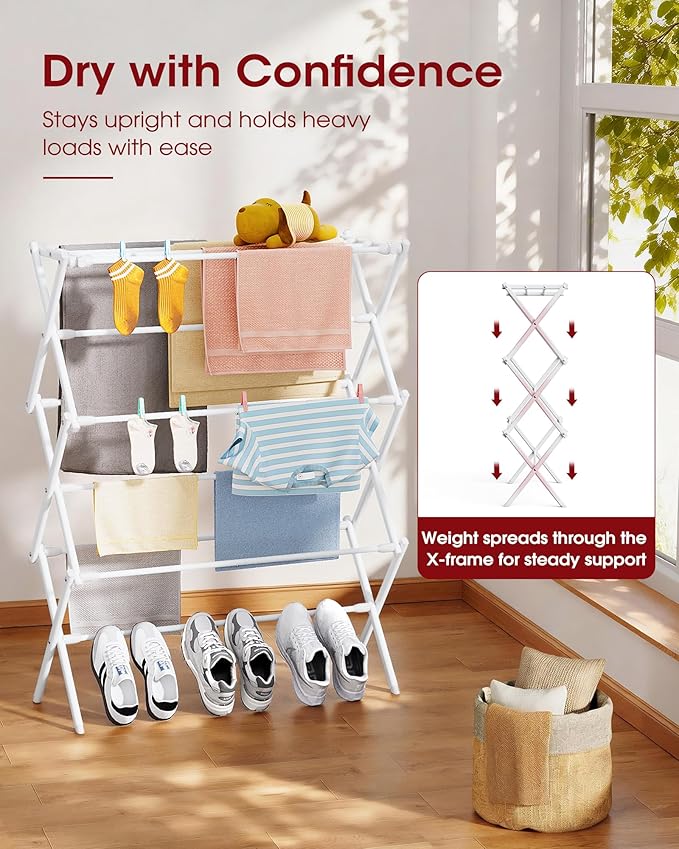 Sakugi Foldable 3-Tier Clothes Drying Rack 37.4" H with Non-Slip Feet | Indoor & Outdoor Use, Space Saving, Metal Frame, 11.4" D x 29.1" W, White