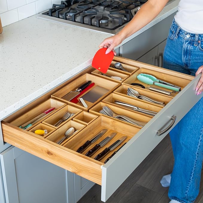 Grow Forward Bamboo Drawer Organizer Boxes - Set of 7 Wooden Drawer Organizers for Kitchen, Bathroom, Office, Desk, Vanity, Makeup - Non-Slip Junk Drawer Organizer Trays for Storage and Organization