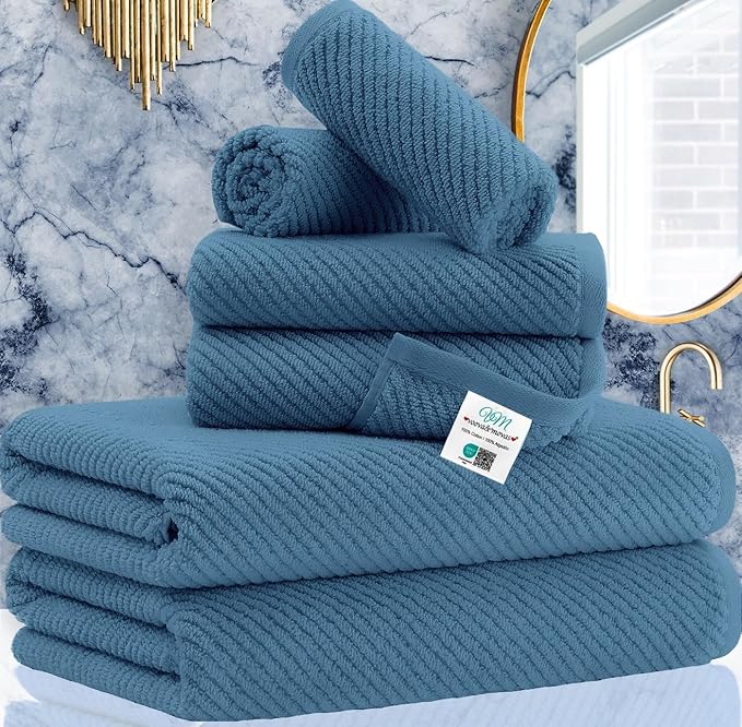 VOOVA & MOVAS 6PC Towel Set, 100% Cotton, Denim Blue | 2 Large Bath 30x56 In, 2 Hand 18x28 In, 2 Wash Cloths 13x13 In, Soft, Quick Dry, Thick, Towel Gift