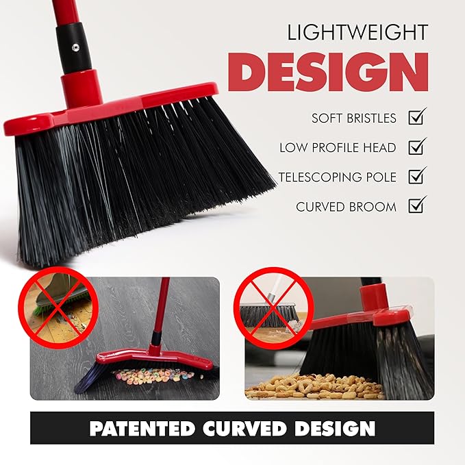 Da Vinci Angle Broom with Dustpan Combo Set – 16" Curved Head, 52" Adjustable Telescopic Handle, Soft PVC Bristles, Indoor Outdoor Broom and Dustpan Set for Kitchen, Pet Hair, Dust & Debris