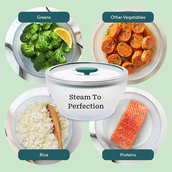 Anyday 7-Cup Glass Microwave Steamer for Vegetables (Blueberry) | BPA-Free, Bowl with Vented Glass Lid, Healthy Cooking Container for Broccoli, Veggies, Meal Prep