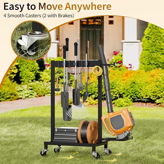 Broom Holder with Cleaning Supplies Organizer, 18" Wx11.8 Dx34.6 H | Load 160 LBS, Cleaning Cart with Wheels, 6 Mop Hanger Grippers, 3 Double-Hooks, Vacuum Stand for Laundry Garage Organization