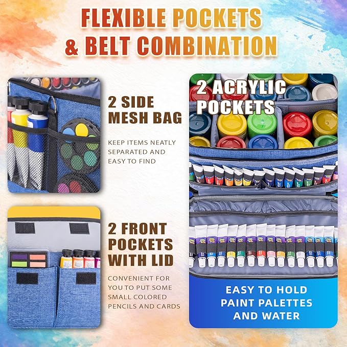JJRING Versatile Acrylic Paint Organizer Bag With Adjustable Dividers For Multi-Size Bottles, Art Supply Storage Case Features 12-Slot Brush Holder & Clear Zipper Pocket, Travel Craft Tote(Blue)