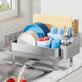 Dish Drying Rack, 304 Stainless Steel Dish Racks for Kitchen Counter | Dish Drainers with Automatic Drainage, Utensil Holder & Cups Holder, Space Saving Kitchen Organizer, Gray
