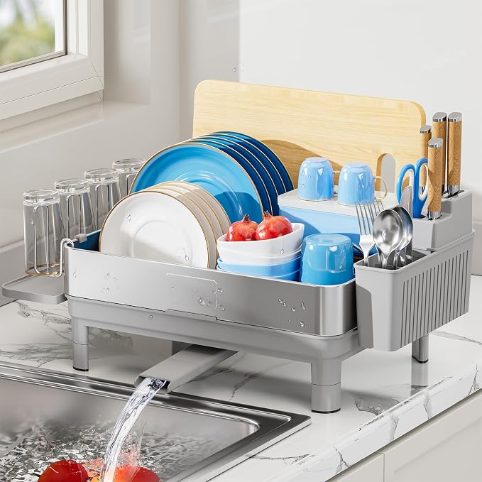 Dish Drying Rack, 304 Stainless Steel Dish Racks for Kitchen Counter | Dish Drainers with Automatic Drainage, Utensil Holder & Cups Holder, Space Saving Kitchen Organizer, Gray
