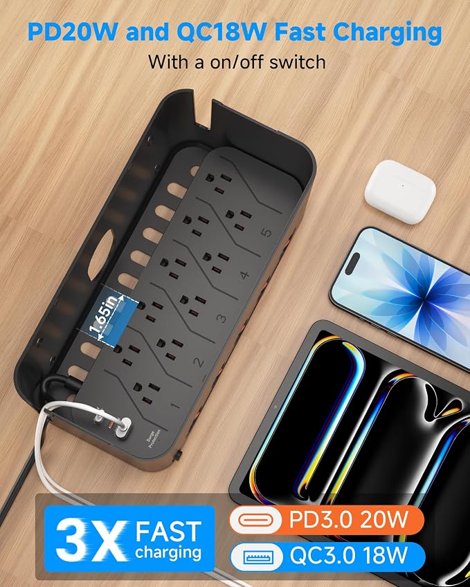Power Strip with Cable Management Box,Surge Protector 10 AC and 3 USB Ports,6 ft Flat Plug Extension Cord,Outlet Hider Fast Charging Station,Desk Cord Organizer Box and Cover,Hidden Long Wire,Black