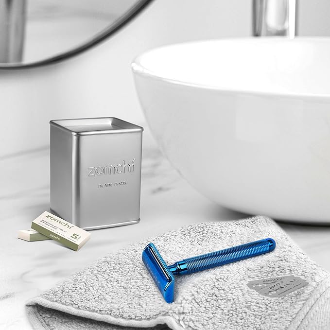 Double Edge Safety Razor, Metal Razor Includes 10 Double Edge Blades | Premium noble blue finish with a vibrant metallic appearance and durable coating.