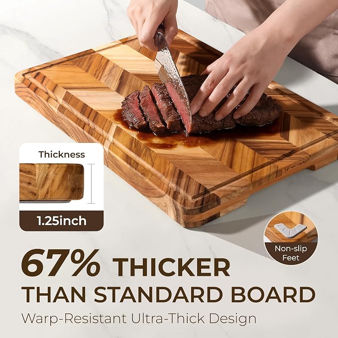 Teak Wood Cutting Board for Kitchen Large End Grain Heavy Duty Checkered Wooden Cutting Board Non Toxic Herringbone Charcuterie Butcher Block Non Slip Hardwood Chopping with Juice Groove Handle