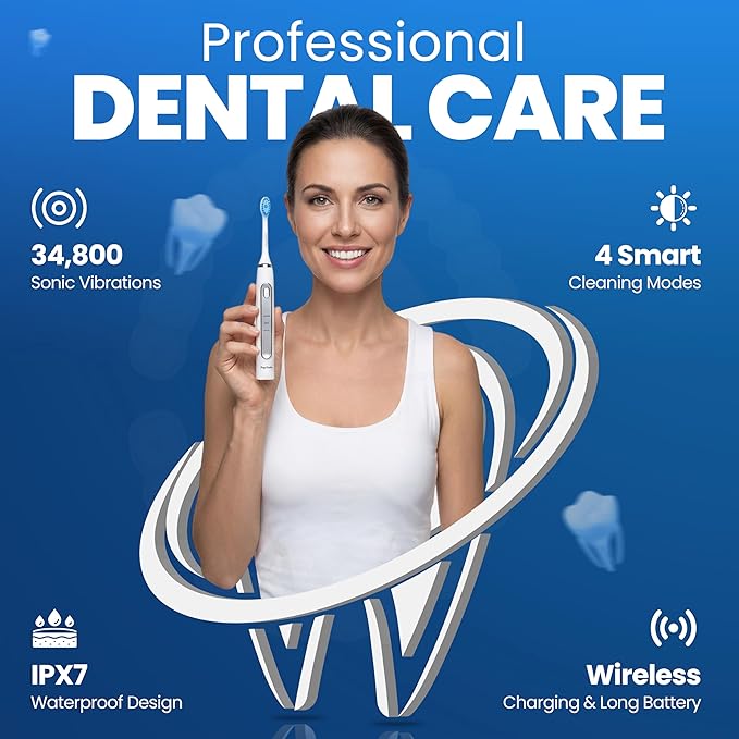 Puur Smile Soft Bristle Electric Toothbrush - 2 (Blue led) Brush Heads for Adults | 4 Cleaning Modes with Smart Timer, IPX7 Waterproof, Long-Lasting Battery & Wireless Charging Base (White)