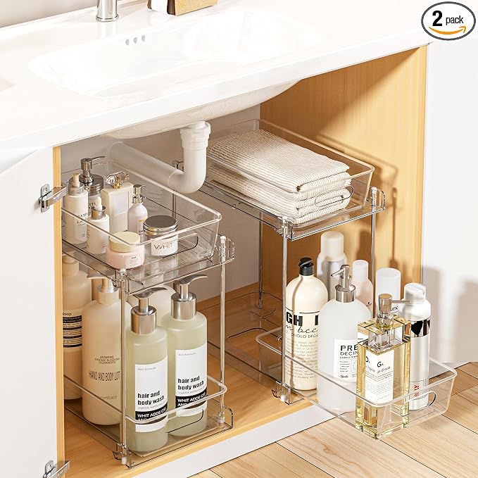 Vtopmart 2 Pack Higher Bathroom Organizer, 2 Tier White Under Sink Organizers Vanity Countertop Storage Container,Cabinet Drawers Bins, Pull-Out Organization with Track for Pantry, Kitchen