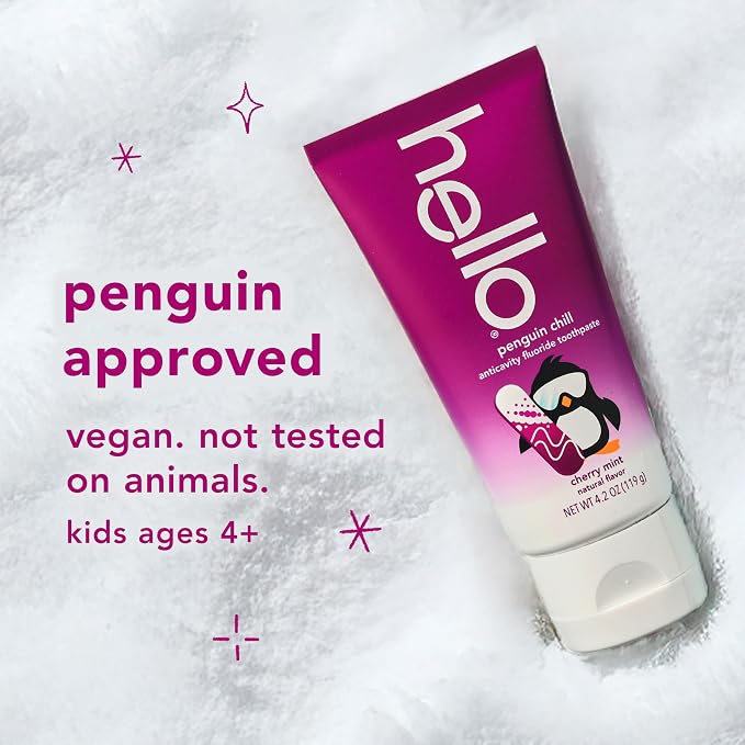 Hello Penguin Chill Kids Toothpaste with Fluoride, Kids Mint Toothpaste with Cherry Flavor, Freshens Breath and Helps Prevent Cavities, Strengthens Enamel, SLS Free, 4.2 oz Tube (Pack of 3) | Freshens Breath, Prevents Cavities, Strengthens Enamel, Tast...