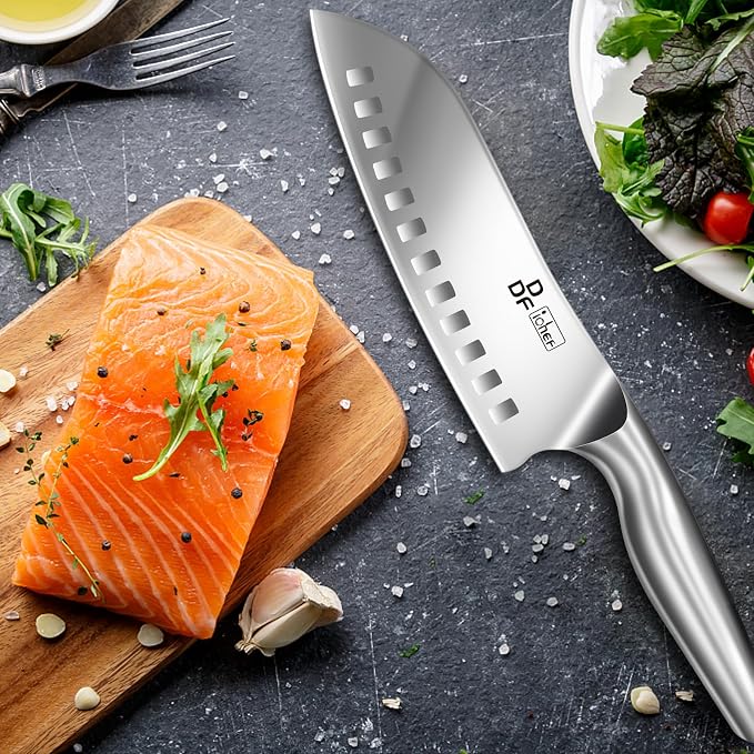 Chef Knife 7 Inch, High-Carbon Stainless Steel Santoku, Dishwasher Safe | Japanese Kitchen Knife with Ergonomic Hollow Handle, Ultra Sharp Santoku Knife for Chopping, Silver