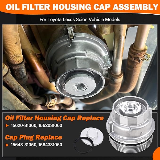 Upgraded Aluminum Oil Filter Housing Cap Assembly with O-Ring Seal Replacement for Toyota Camry Highlander RAV4 Sienna Tacoma Tundra 4Runner Avalon Lexus RX350 ES350 Replaces 15620-31060