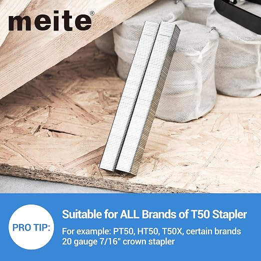 meite T50 Heavy Duty Staples, 9/16 Inch Galvanized T50 Staples for Staple Gun, 20 Gauge 3/8 Inch Crown Staple for Upholstery, Construction, Furniture (1 Case)