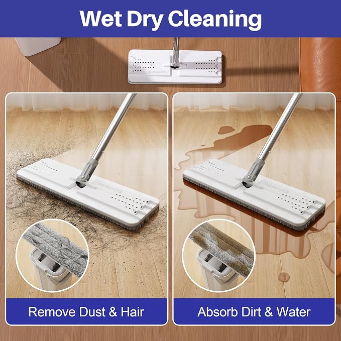 BOSHENG Mop and Bucket Set, Flat Mops for Floor Cleaning, Wall Mop with 60" Extensible Handle, Hardwood Floor Mop with 2 Microfiber Pads