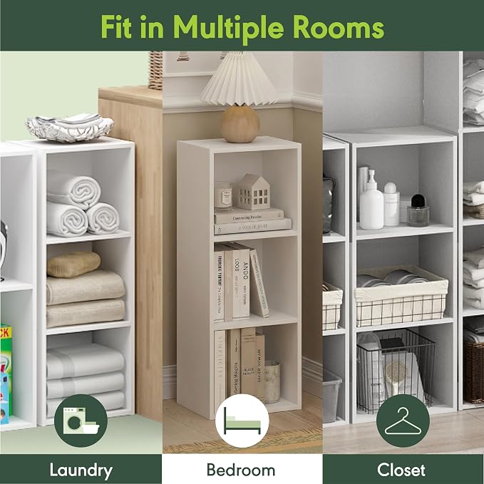 Furinno LUDER Book Shelf, 3-Cube Bookshelf, Bookcase with Open Shelves, 9.3 x 12 x 31.5, Easy Assembly, for Living Room, Bedroom, Home Office, White