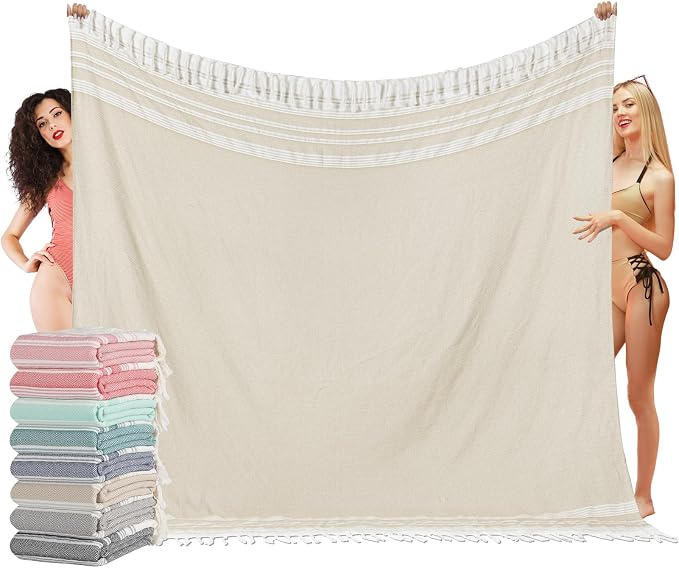 Vikumond Turkish Beach Towel Blanket Oversized 88x82 Inch Quick Dry Beige | Lightweight Compact Portable Sand Free Absorbent Boho Woven Throw for Pool Swimming Picnic Camping Cruise Outdoor Essentials