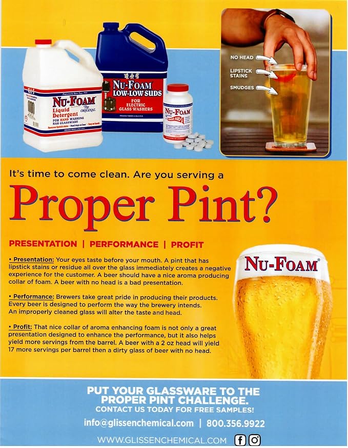 Nu-Foam Glass Washing Powder - Detergent for Bar Glassware – Original Streak-Free Solution - Hand Washing Bar, Tavern, Brewery Supplies - Concentrated 2 Lb Jar