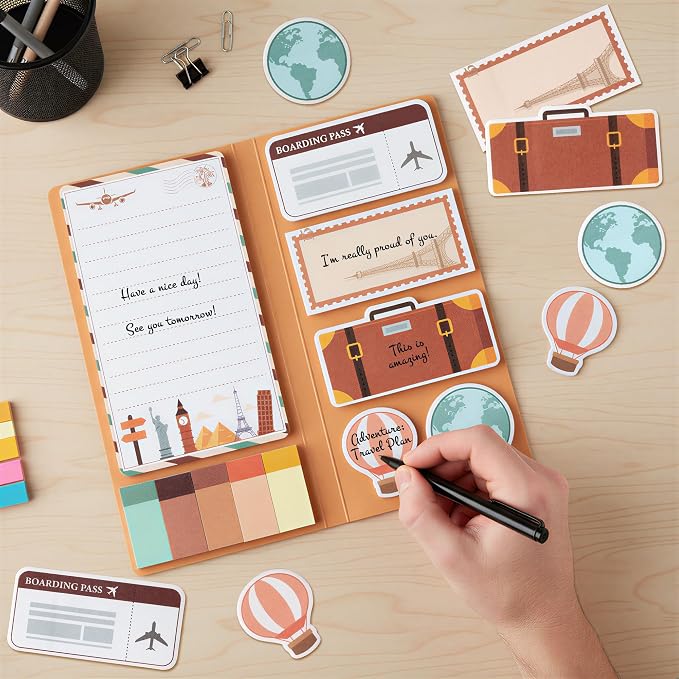 Xqumoi Let The Adventure Begin Sticky Notes Set - 550 Sheets - Travel Themed Self-Stick Notes Pads Divider Tabs Bundle Writing Memo Pads Journaling Planners Office Supplies Small Gift