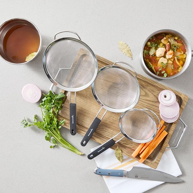 Restaurantware Fine Mesh Strainer Set of 3 Different Sizes with Silicone Handle Stainless Steel Extra Fine Mesh Strainer Heat-Resistant Handle Dishwasher-Safe for Rice, Quinoa, Pasta