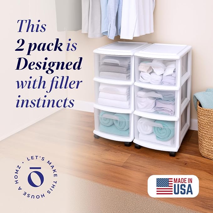 HOMZ 2-Pack Drawer Tower, 3-Tier Clear Plastic Storage Organizer Cart, White Frame - Organizing Containers with Wheels for Home, Bathroom, Bedroom, Office, and Classroom