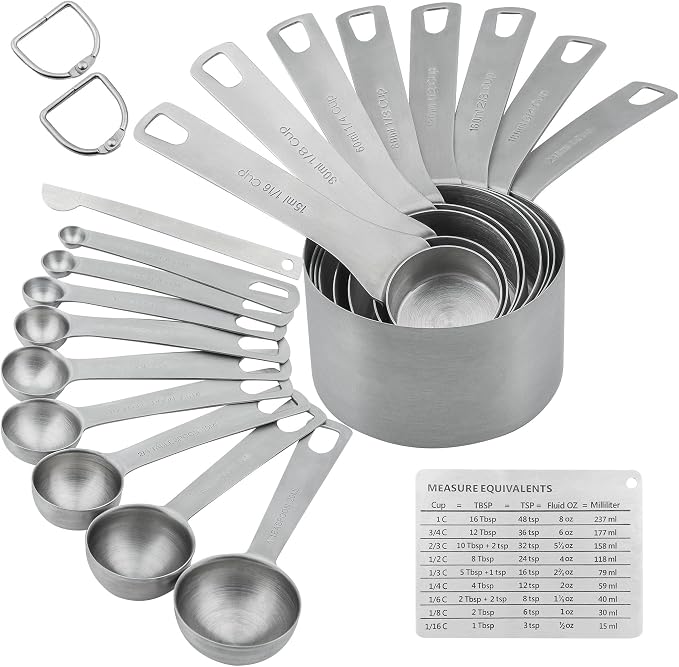 Measuring Cups and Spoons Set, 18/8 Stainless Steel 8 Measuring Cups and 9 Measuring Spoons with Leveler and Measurement Enquivalents, Kitchen and Baking Measure Cups Spoons Set of 19