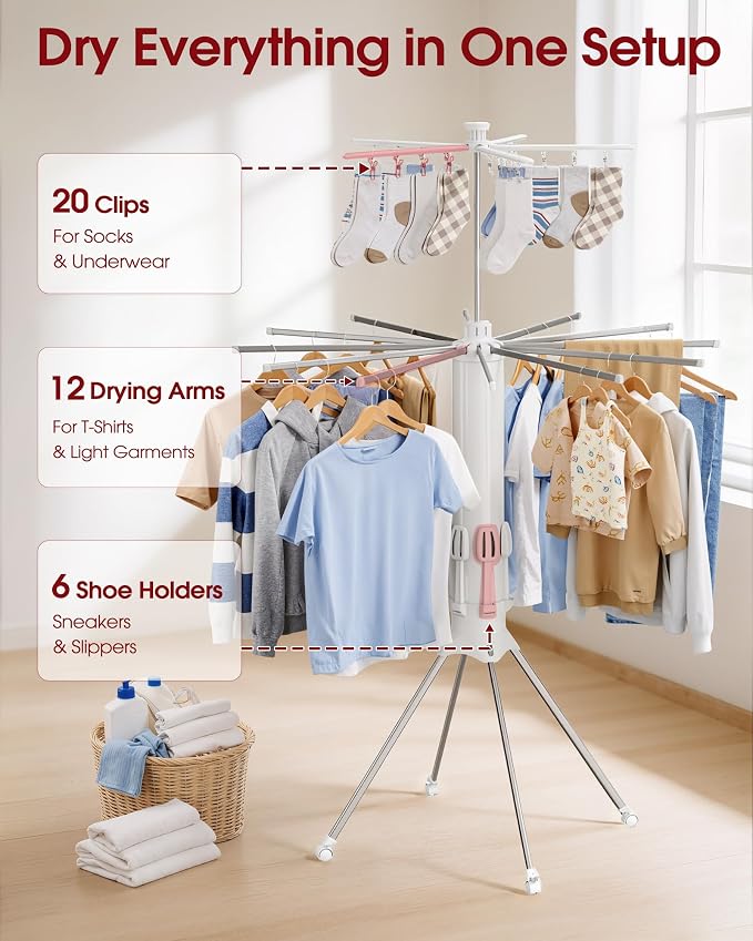 Sakugi Foldable Clothes Drying Rack – Collapsible Laundry Rack with 12 Steel Arms, 4-Leg Stable Base, Reinforced Frame with Clips & Shoe Holders for Indoor Outdoor Use, 44" D x 44" W x 71" H, White